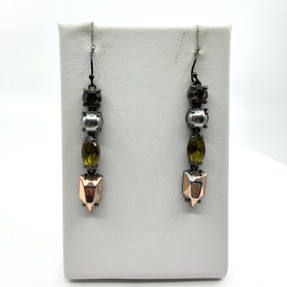 Olive Green Rhinestone Faux Pearl Dangle Earrings Copper Tone Boho Statement